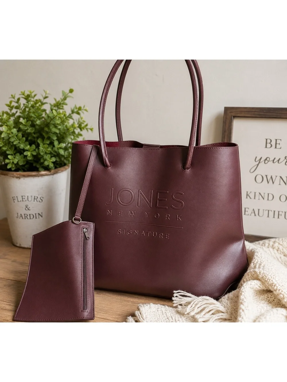 Jones New York Signature Burgundy Tote Bag With Matching Wristlet Large Shoulder